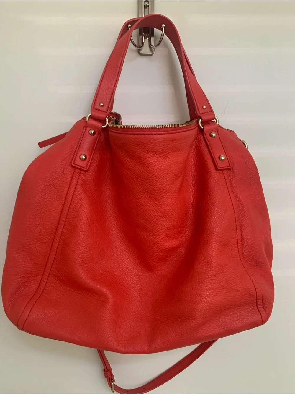 Like New- Kaye Spade  Red Pebble Leather Shoulder Bag with Gold Chain Accents